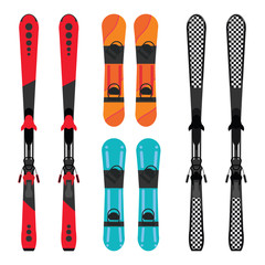 Set of snowboard and skis equipment.