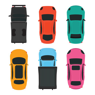 Top view of Colorful different car on white background.