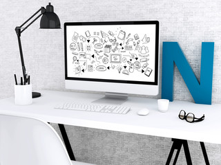 3d Computer with education sketch