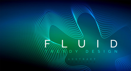 Naklejka premium Blue neon particles glowing fluid wave lines, magic energy space light concept, abstract background wallpaper design