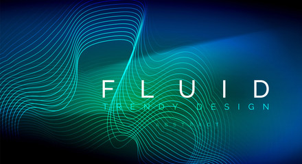 Blue neon particles glowing fluid wave lines, magic energy space light concept, abstract background wallpaper design