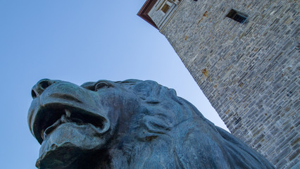 bronze lion head with stone tower in right of frame, dutch angles, no people, blue sky, closeup.