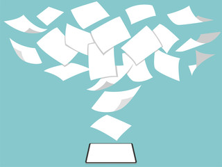 concept idea of white paperless go green fly into new tablet pro, save the planet, documents turned into digital big data, business device, tablet, screen display, future technology, flat vector.