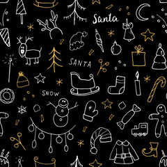 New Year and Christmas seamless pattern, hand drawn doodles Seamless Pattern. Background Vector Illustration