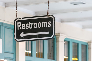 Restrooms bathroom old black and white sign on building hanging on sidewalk closeup in town, city, nobody, architecture