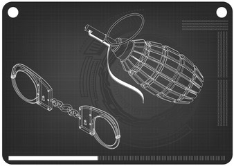 3d model of grenades and handcuffs on a black