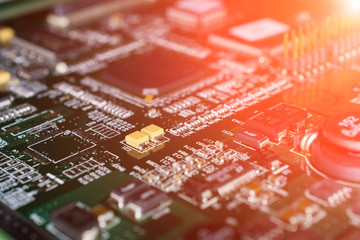 Printed Circuit board from a computer in black with green lines