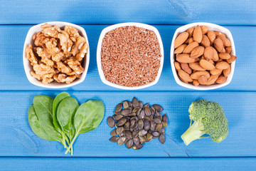 Products and ingredients containing omega 3 acids and fiber, healthy nutrition and acid diet concept