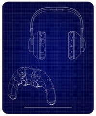 3d model of joystick and headphones on a blue 