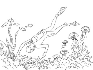 Fototapeta na wymiar Diver swimming underwater graphic sea black white sketch illustration vector