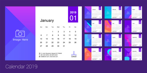 2019 Calendar Minimal Gradient template. Simple Colorful minimal elegant desk calendar design