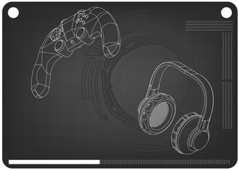 3d model of joystick and headphones on a black 