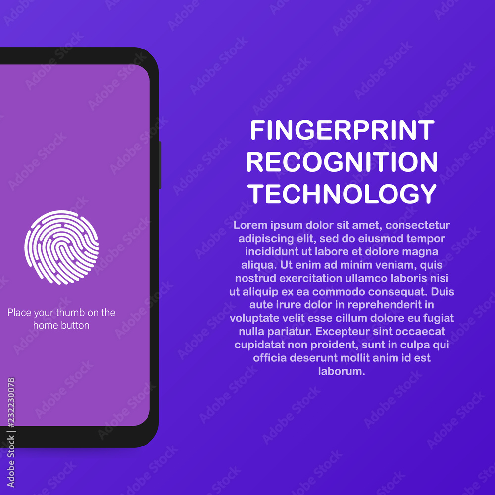 Poster fingerprint identity sensor flat vector neon website template and landing page design of digital fin