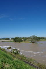 増水した川と青空