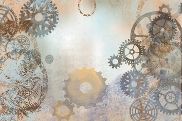 industrial abstract steampunk gears on grunge effect background, cogs wheels and clock parts