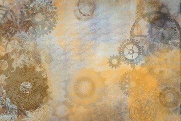 industrial abstract steampunk gears on grunge effect background, cogs wheels and clock parts