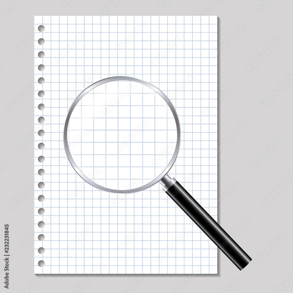 Poster realistic illustration of a magnifying glass with a metal rim and a black handle with reflections an