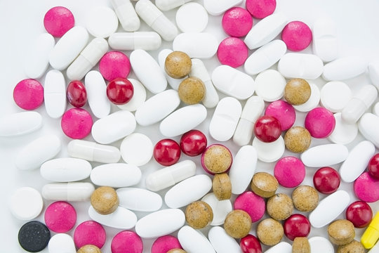 A bunch of colored tablets allopathic and Ayurvedic.Medical topic