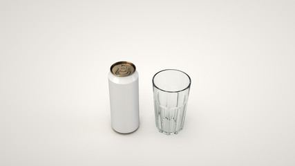 Mock up of beer can and an empty glass