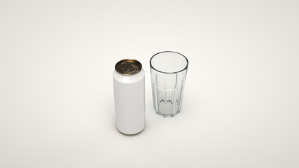 Mock up of beer can and an empty glass