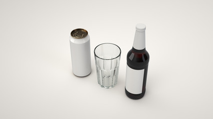 Mock up of beer bottle, can and an empty glass