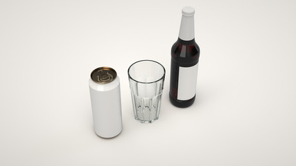 Mock up of beer bottle, can and an empty glass