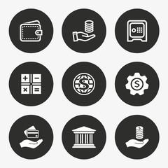 Investments money icon set. Vector illustration. Round button.