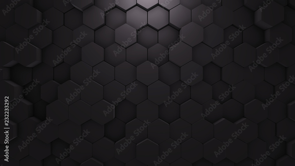 Wall mural abstract hexagon geometric texture. black surface illustration. dark bright and clean hexagonal grid