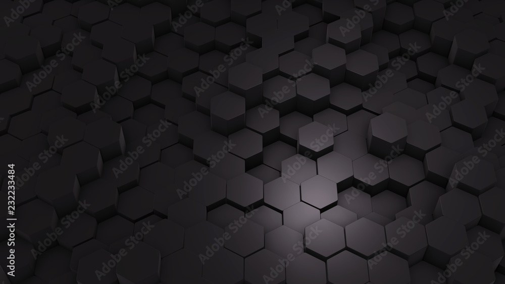 Wall mural abstract hexagon geometric texture. black surface illustration. dark bright and clean hexagonal grid