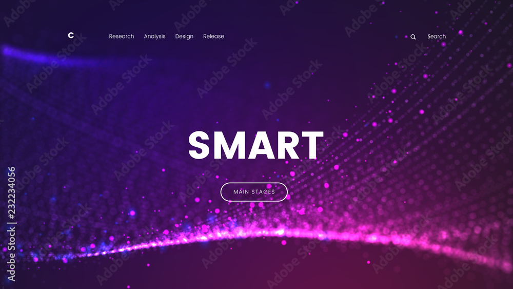 Wall mural abstract landing page template with a glowing purple particles background - smart, can be used for c