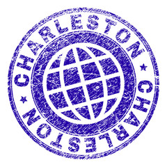 CHARLESTON stamp print with grunge texture. Blue vector rubber seal print of CHARLESTON text with grunge texture. Seal has words placed by circle and planet symbol.