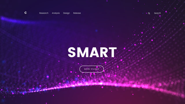 Abstract landing page template with a glowing purple particles background - Smart, can be used for can be used for business, internet technology and futuristic web interface. Vector illustration
