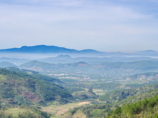 Naklejka premium The Mountain View with coffee farm from local village in Da Lat City. Travel in Vietnam in 2012, 5th December.
