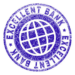 EXCELLENT BANK stamp print with distress style. Blue vector rubber seal print of EXCELLENT BANK tag with scratched texture. Seal has words placed by circle and planet symbol.