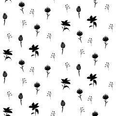 Scandi plants seamless vector pattern in black and white colors.