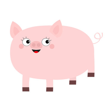 Pink pig animal. Smiling face. Cute cartoon funny baby character. Hog swine sow. Eyes with eyelashes. Chinise symbol of 2019 new year. Zodiac sign. Flat design. White background. Isolated.