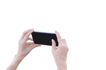 hand holding smartphone isolated with clipping path on white background