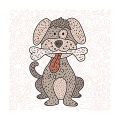 Happy detailed doodle hand drawn dog with a bone and hearts.