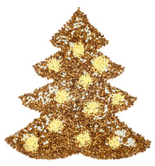buckwheat grains folded in the form of a Christmas tree on a white background