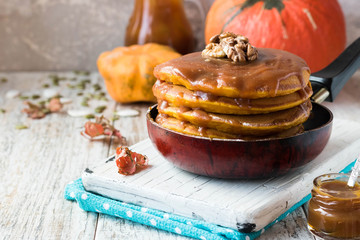 Spicy pumpkin pancakes with salted caramel topping