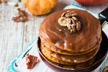 Spicy pumpkin pancakes with salted caramel topping