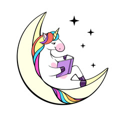 Vector illustration of fantasy unicorn reading book on the Moon.