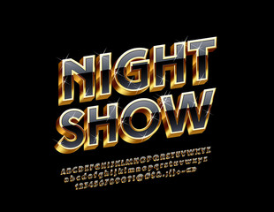 Luxury Logo with text Night Show. Vector set of Alphabet Letters, Numbers and Punctuation Symbols. Black and Golden 3D Font with Stars.