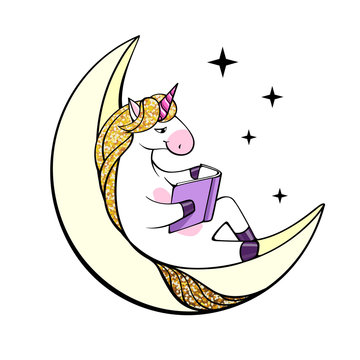 Vector illustration of fantasy unicorn reading book on the Moon.