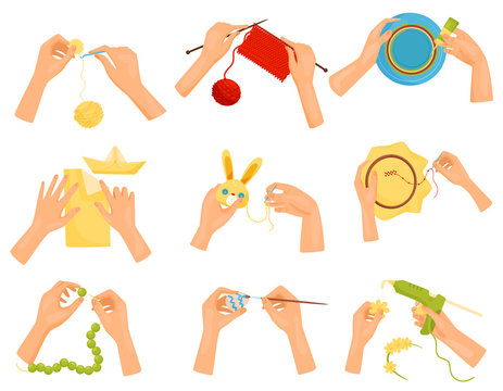 Flat vector set of icons showing different hobbies. Hands doing handmade crafts. Knitting, decorating, painting, sewing