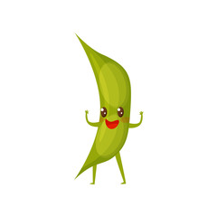Humanized green soybean pod with happy face, standing with hands up. Funny cartoon character. Flat vector icon