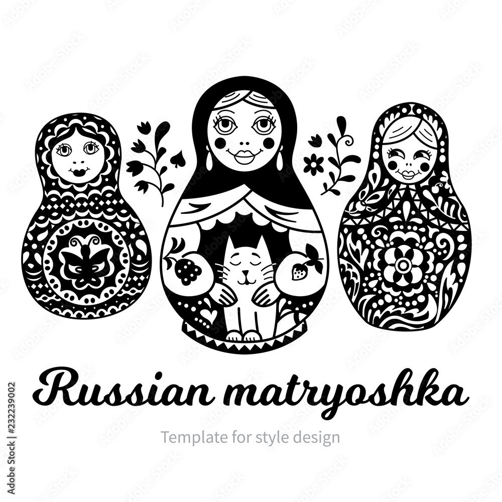 Wall mural Set of Russian traditional nested dolls (matryoshka). Black and White Illustration. Template for style design.  