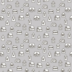 Doodle hand drawn town seamless pattern. Black and white abstract wallpaper. Vector illustration for your cute design.