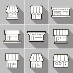 Set of 9 store front icons. Flat design. It can be used as - logo, pictogram, icon, infographic element. Vector illustration for your cute design.
