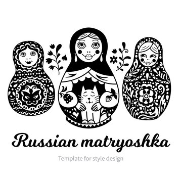Set of Russian traditional nested dolls (matryoshka). Black and White Illustration. Template for style design.  